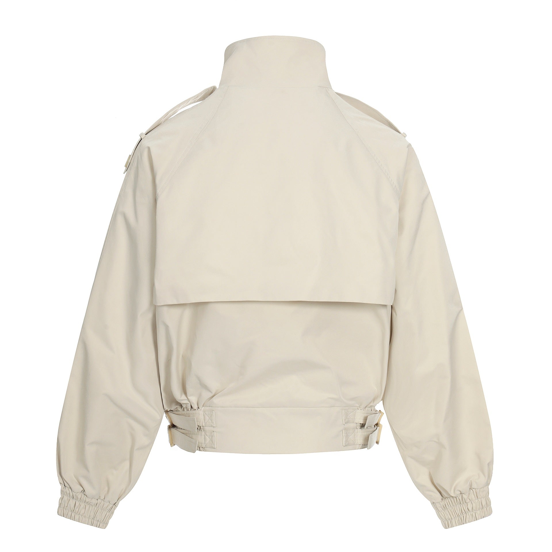 Women's short-cut boxy trench coat with high funnel collar, shoulder flaps, and adjustable waist belt Chichicherry