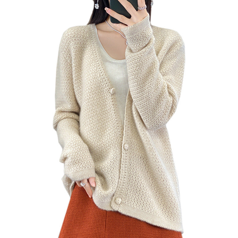 Women's Open Lace Knit Cardigan with Subtle Fuzzy Finish and Boxy Oversized Silhouette Chichicherry