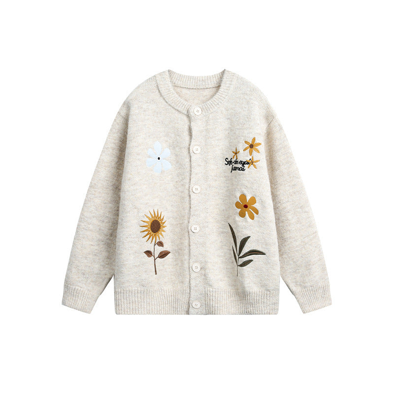 Women's knit cardigan with floral embroidery, round neckline and button placket Chichicherry