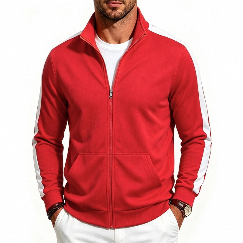 Men's Retro Track Jacket with Contrast Stripes and Stand-Up Collar Chichicherry