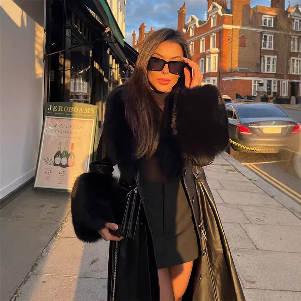 Ladies long faux leather coat with wide faux fur collar and cuffs Chichicherry