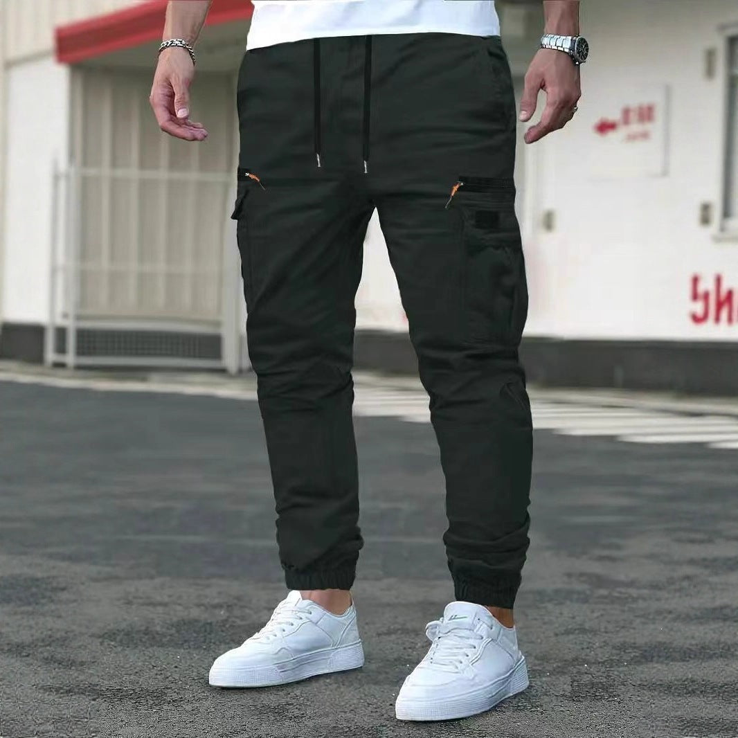 Men's Tapered Cargo Joggers with Drawstring Waist, Zipper Pockets & Elastic Cuffs Chichicherry
