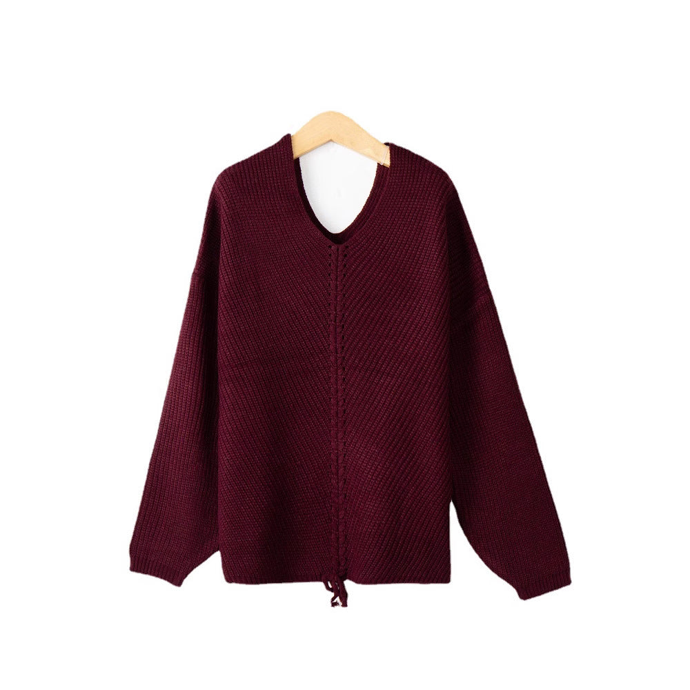 Women's knit sweater with cable center seam, V-neck and drawstring Chichicherry