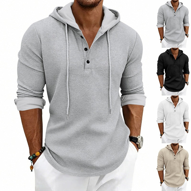 Men's Textured Hooded Long Sleeve Shirt with Button Placket and Waffle Texture Chichicherry