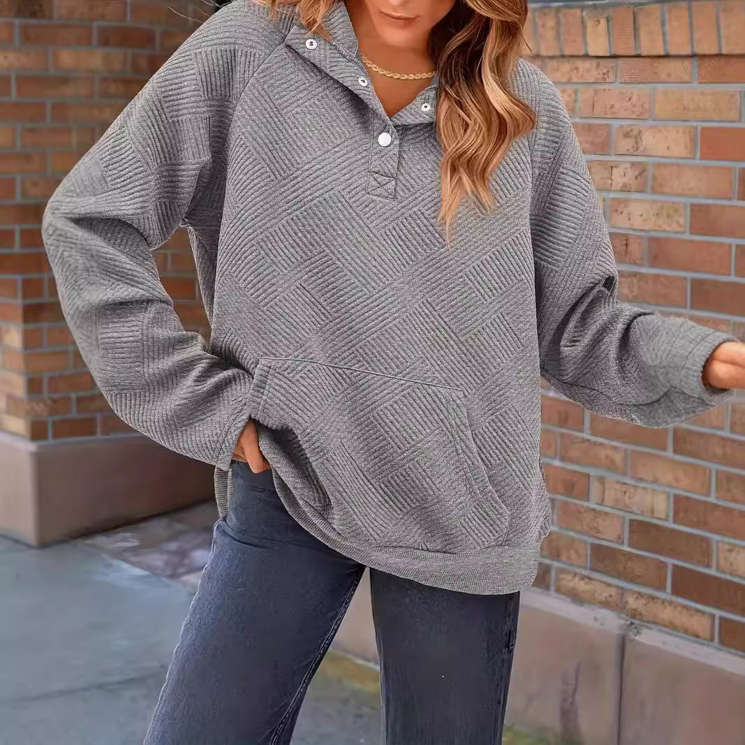 Women's Textured Oversized Hoodie with Henley Placket and Kangaroo Pocket Chichicherry