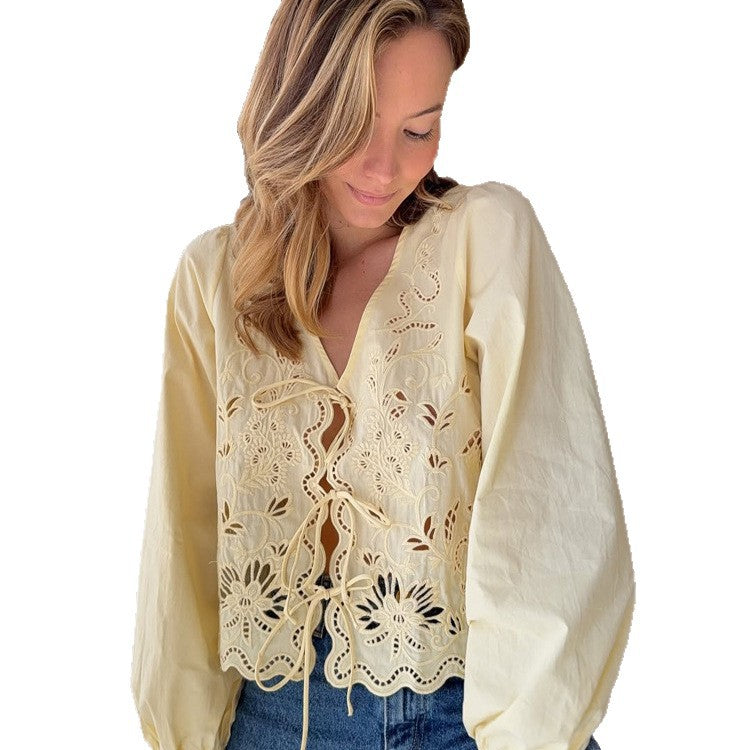 Women's Light Embroidery Anglaise Lace Blouse with V-Neck, Ties and Balloon Sleeves Chichicherry