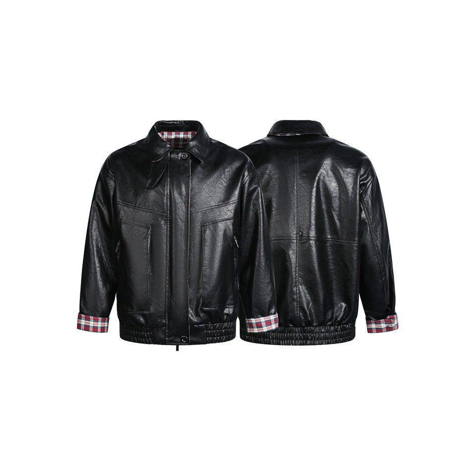 Men's Short Faux Leather Pilot Style Blouson Jacket with Checked Lining Chichicherry