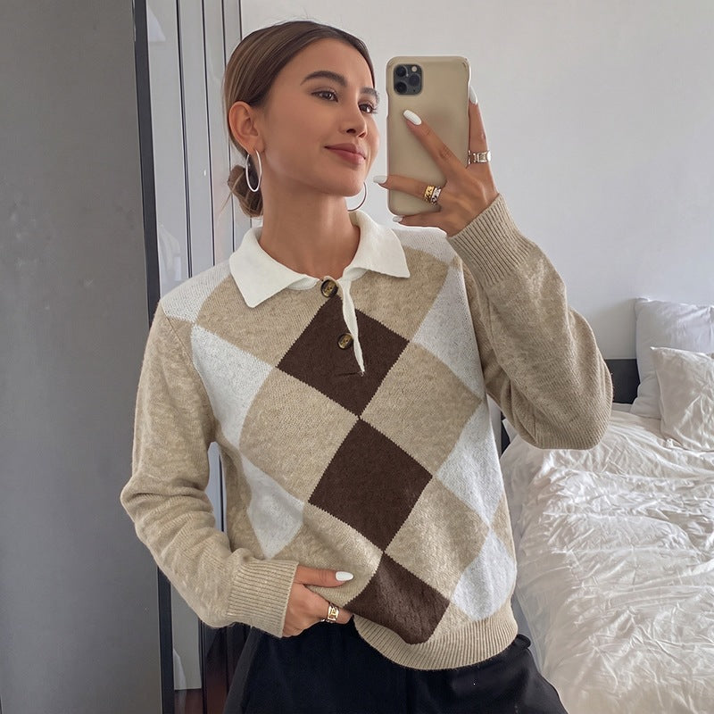 Women's Argyle Polo Knit Sweater with Contrast Collar and Decorative Button Chichicherry
