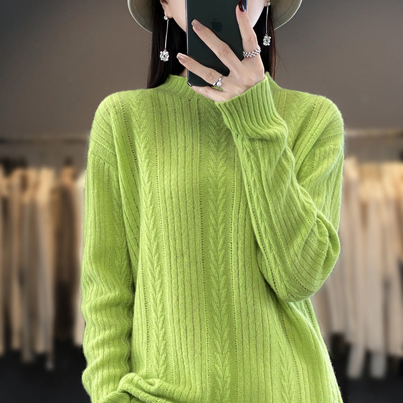 Women Cashmere-like Fine Knit Mock Neck Sweater with Openwork Cable Pattern and Casual Oversized Fit Chichicherry