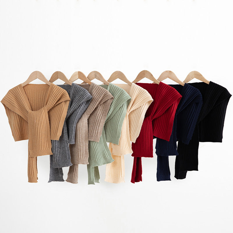 Ladies Short Ribbed Knit Shoulder Warmer with Integrated Scarf Chichicherry