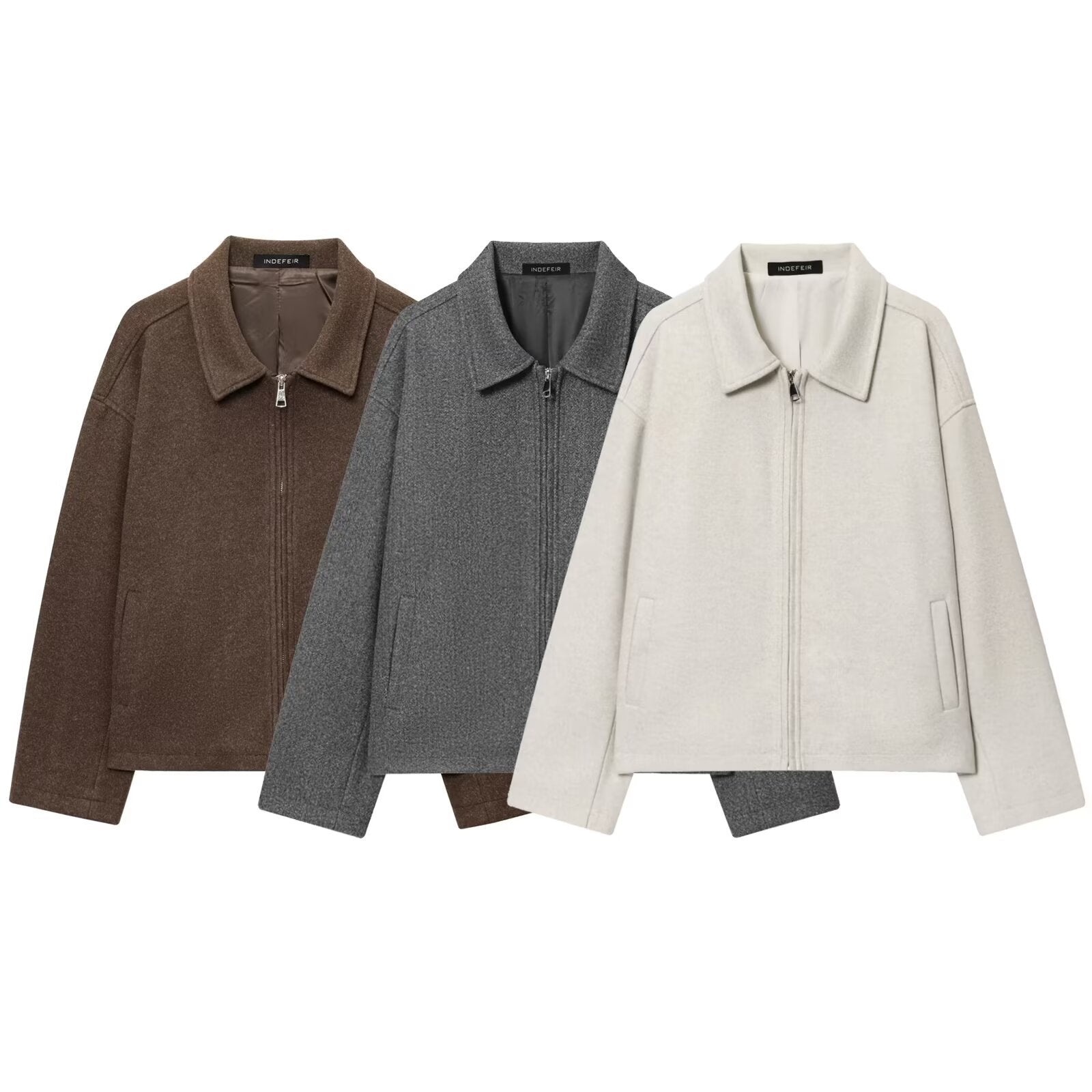 Women Boxy Wool Blend Blouson Jacket with Zipper and Shirt Collar Chichicherry
