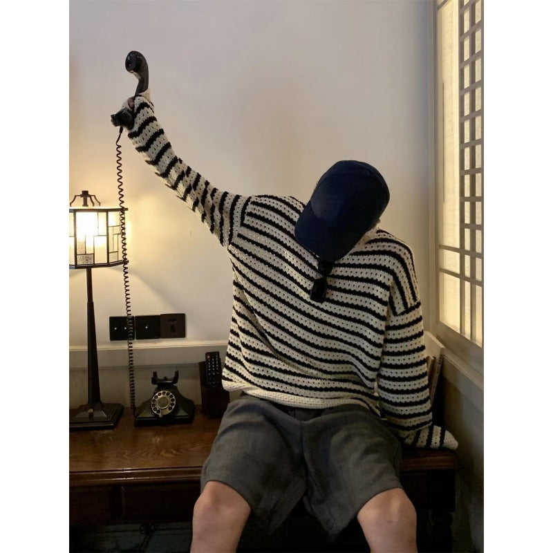 Unisex Grobgestrickter Oversized Ajour-Pullover mit Streifenmuster und V-Ausschnitt Chichicherry