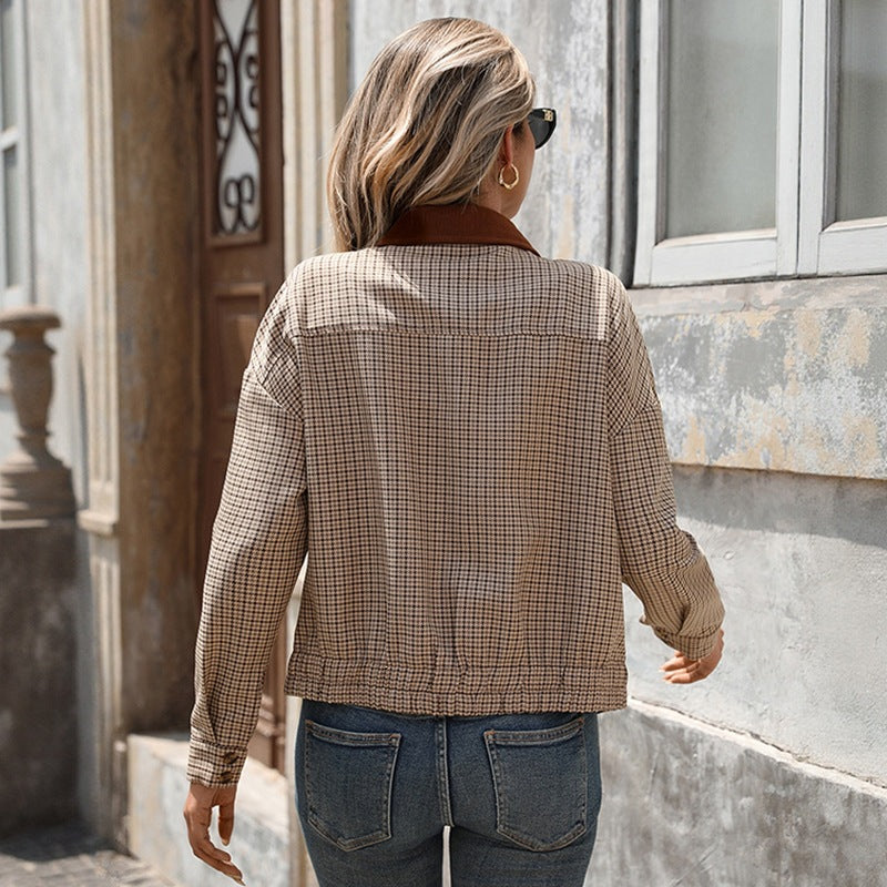 Women's Checked Short Jacket with Zipper, Contrasting Shirt Collar and Relaxed-Fit Chichicherry