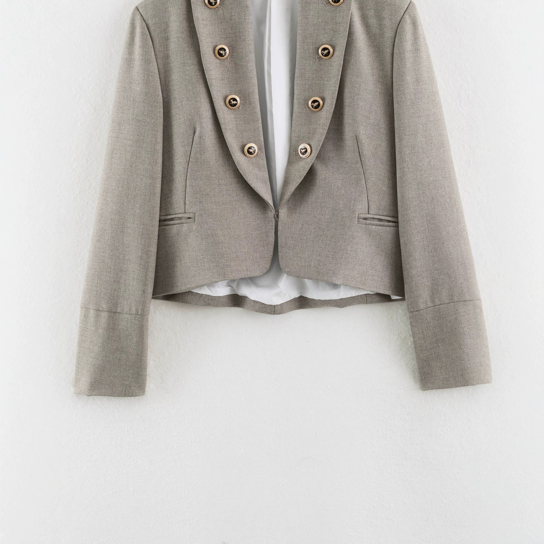 Women Cropped Military Blazer with Stand Collar, Double-Breasted Decorative Button Placket and Tailored Fit Chichicherry