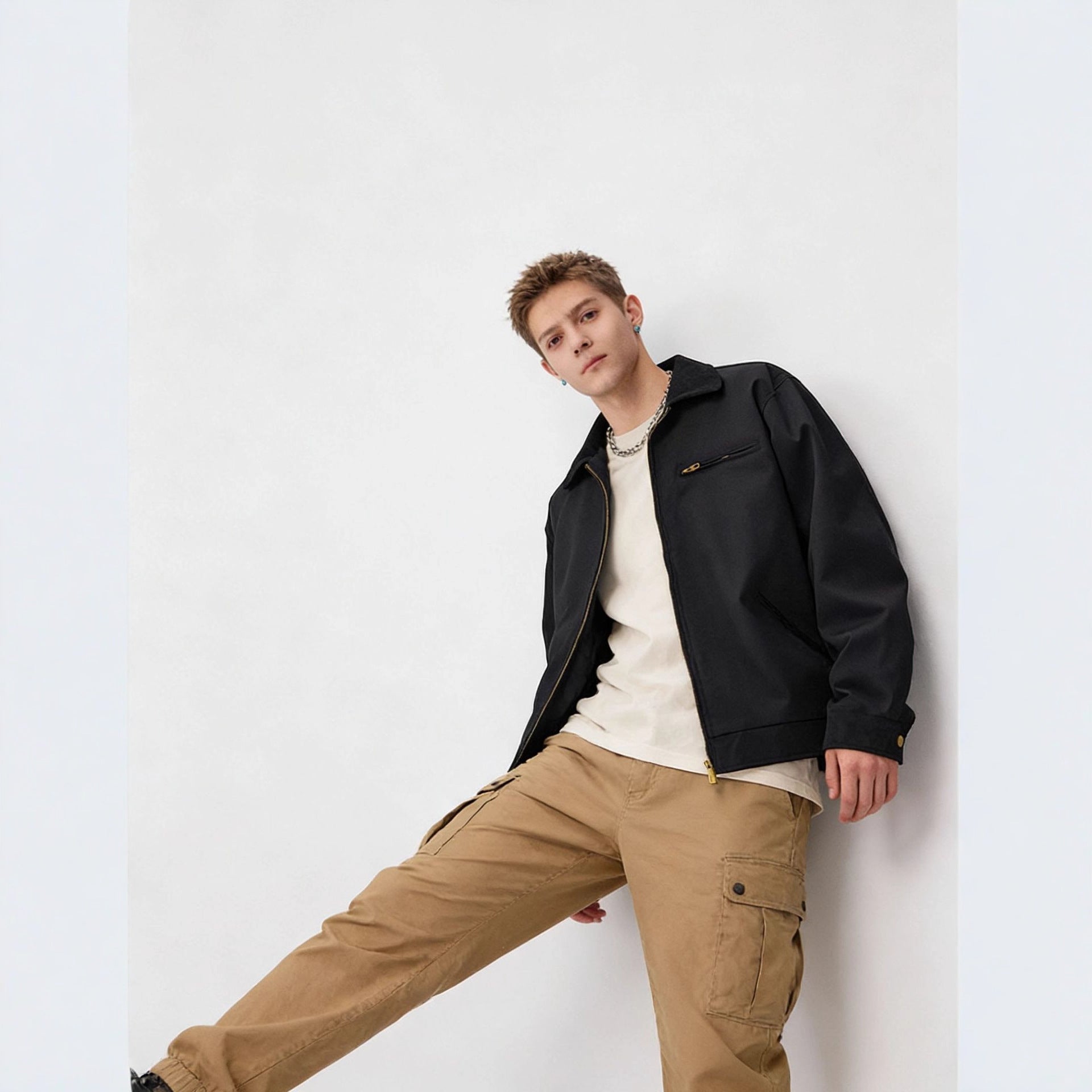 Herren Zip-Blouson im Worker-Stil mit Cordkragen und Brusttasche Chichicherry