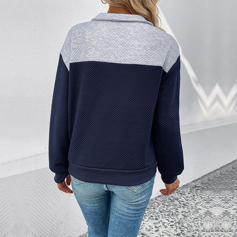 Women's Textured Colorblock Sweatshirt Pullover with Shirt Collar, Button Detail and Textured Knit Chichicherry
