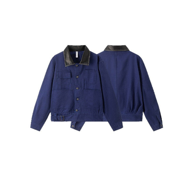 Men's lightweight canvas worker jacket with faux leather collar, four flap pockets and adjustable waist strap Chichicherry