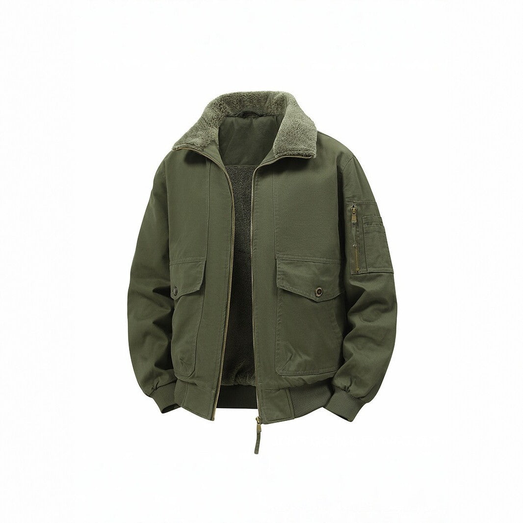 Men's Military Inspired Thermal Bomber Jacket with Teddy Lining, Arm Pocket and Snap Flap Pockets Chichicherry