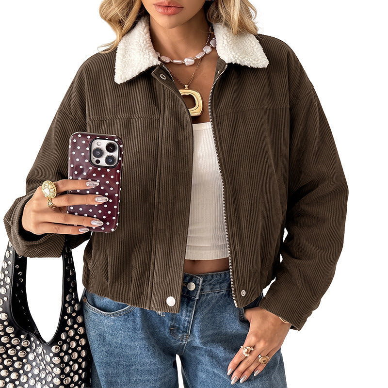 Women Short Cut Cord Jacket with Teddy Lining and Sheep Collar Chichicherry