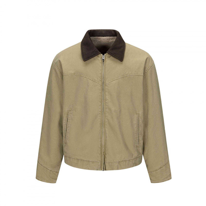 Men's Fleece-Lined Canvas Blouson Jacket with Teddy Lining and Shirt Collar Chichicherry