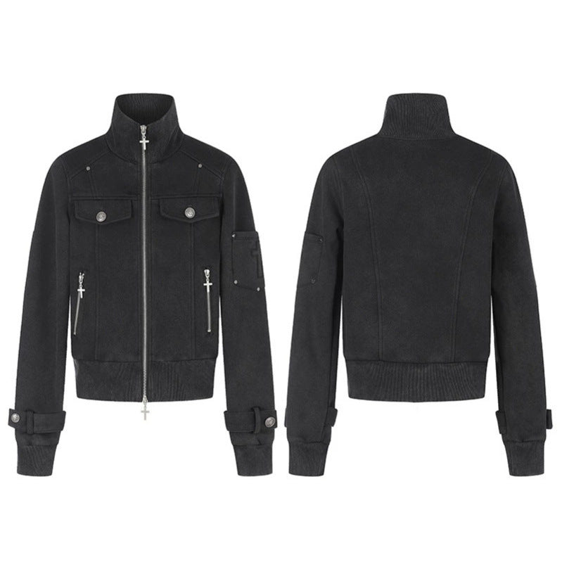Women Tailored Zip Jacket with High Stand-Up Collar, Decorative Straps & Adjustable Closures Chichicherry