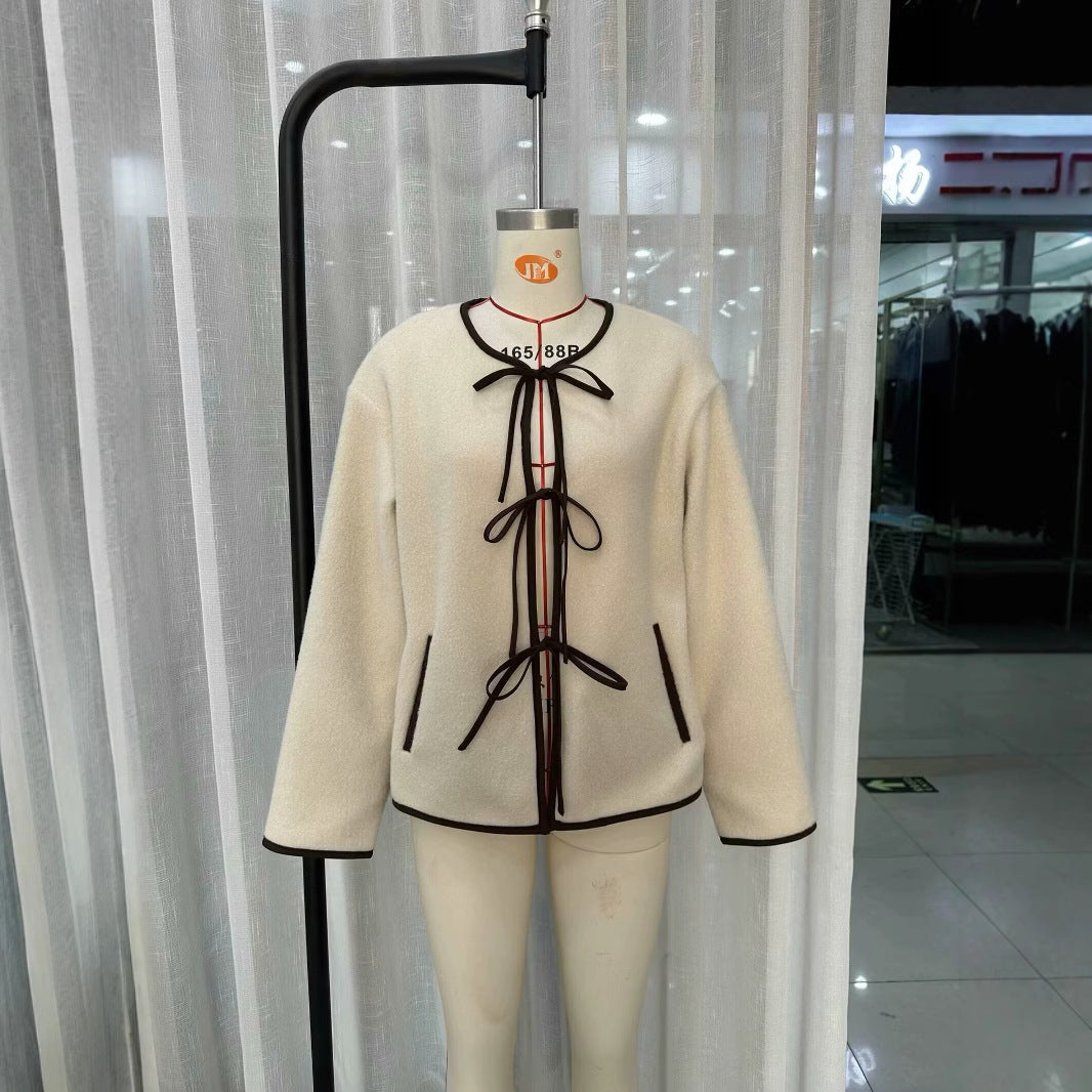 Women's Short Cut Teddy Fleece Jacket with Ties and Contrast Piping Chichicherry