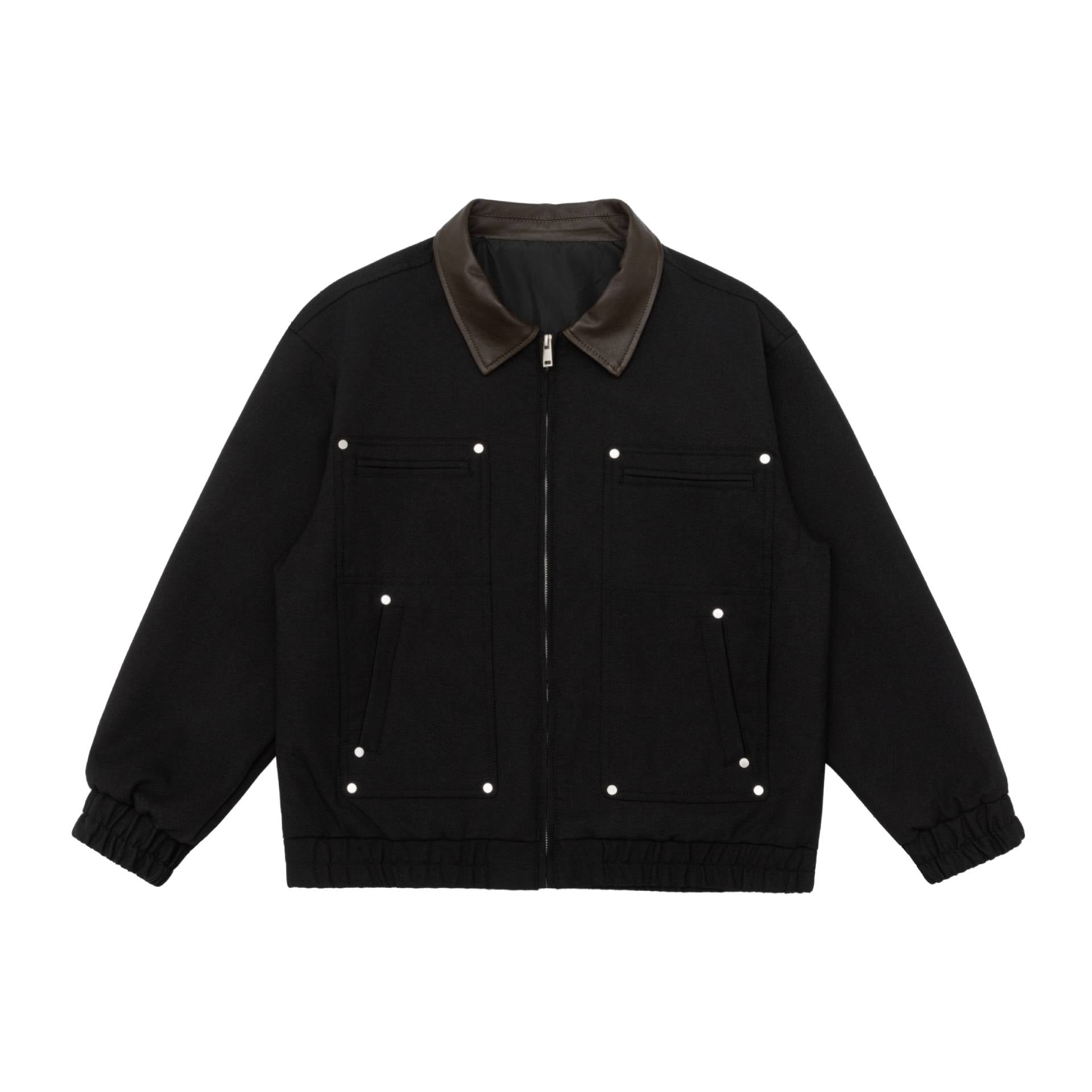 Unisex Boxy-Workwear-Blouson with leather-trimmed collar, utility pockets and elastic hem Chichicherry