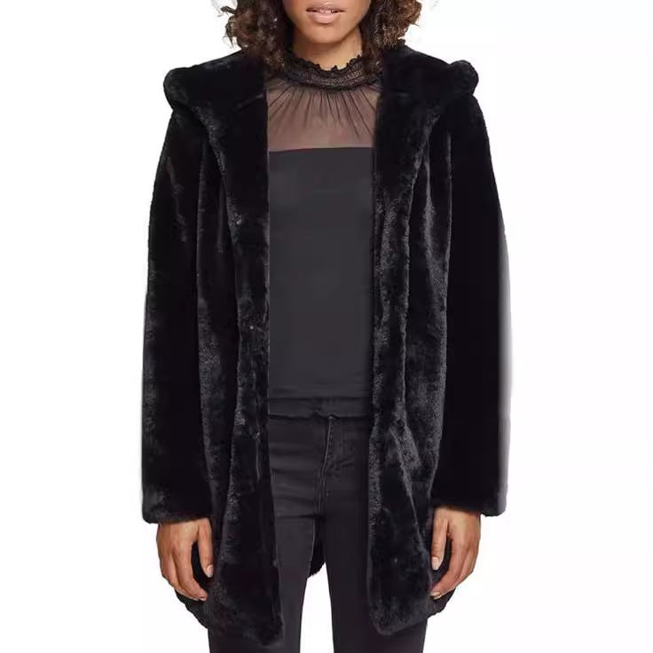 Women's Midi-Length Hooded Faux Fur Coat with Open Front and Lined Insert Pockets Chichicherry