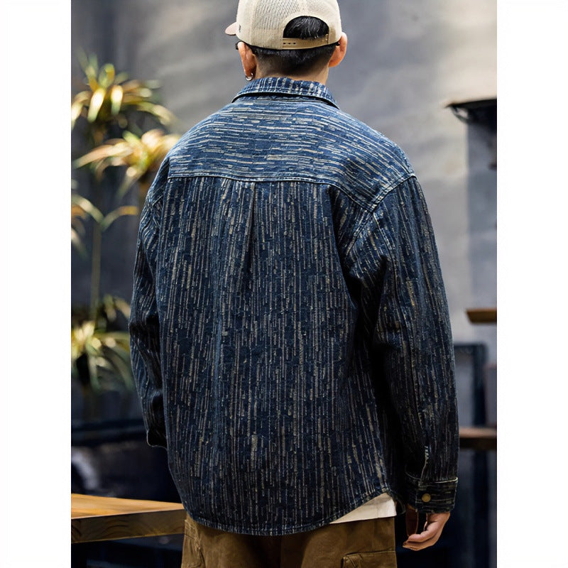 Herren Denim-Overshirt mit vertikaler Strukturprägung und Druckknopfleiste Chichicherry