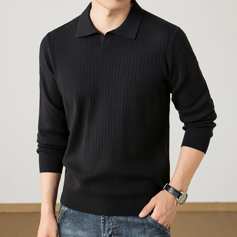 Men's polo collar fine knit sweater with ribbed texture and slim silhouette Chichicherry