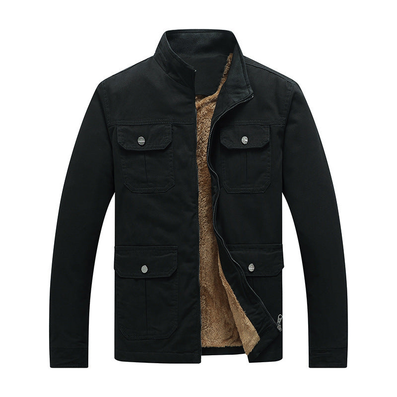 Men's canvas field jacket with faux fur lining, utility pockets, and stand-up collar Chichicherry