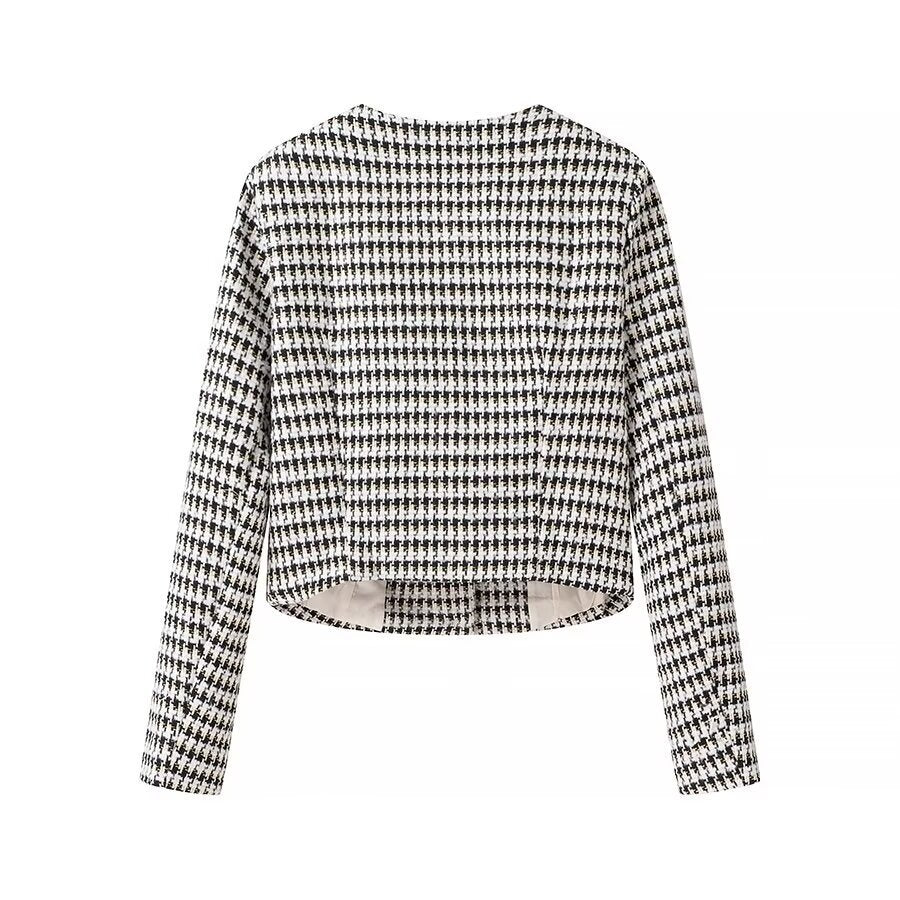 Women Tailored Boucle Short Blazer with Houndstooth Pattern and Decorative Buttons Chichicherry