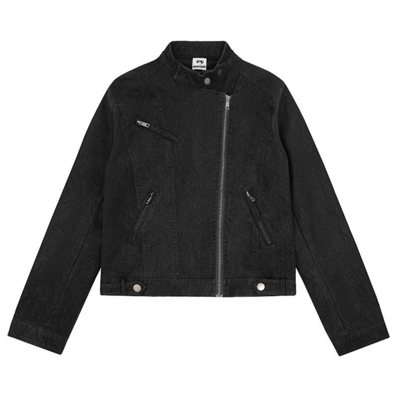 Women's biker jacket made of synthetic leather with asymmetrical zipper and stand-up collar Chichicherry