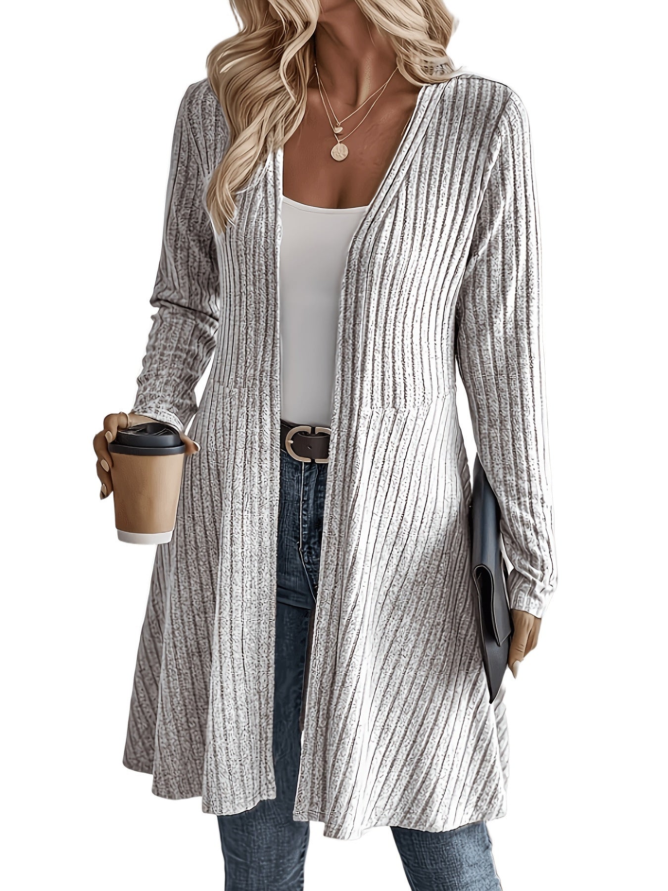 Women Long Ribbed Cardigan with Open Front Design and Light Fall Chichicherry
