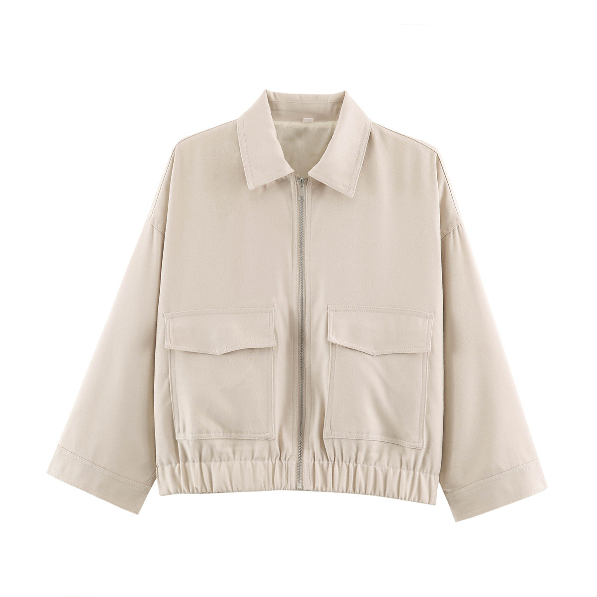 Women's Cropped Oversized Blouson Jacket with Large Flap Pockets, Full-Length Zipper and Elastic Hem Chichicherry