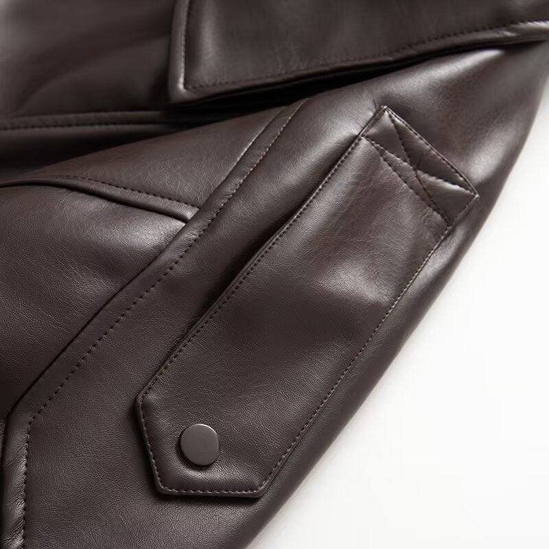 Women's Oversized Faux Leather Bomber Jacket with Utility Pockets, High Collar and Elastic Hem Chichicherry