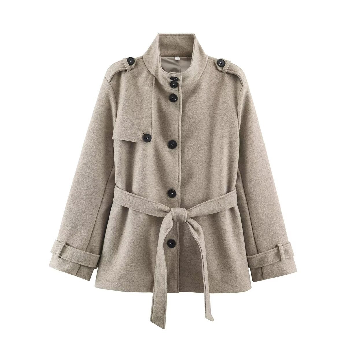 Women's short coat made of wool blend with stand-up collar, shoulder patches, and belted waist Chichicherry