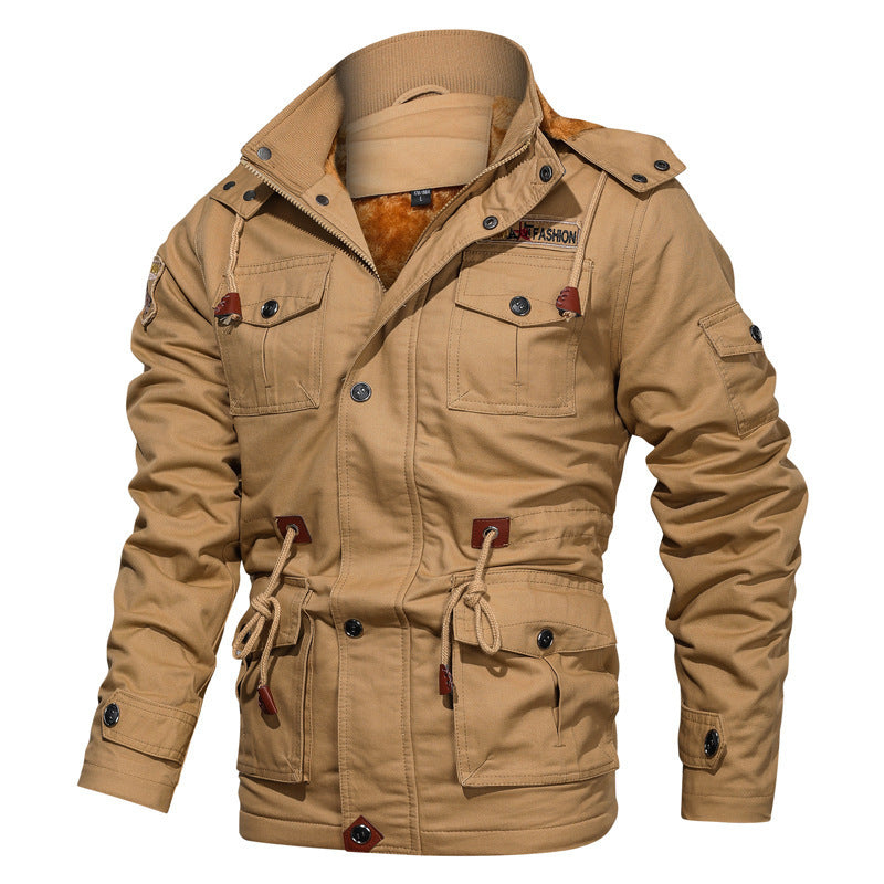 Men's canvas parka in military utility style with teddy fleece lining, drawstring waist, and multifunctional pockets Chichicherry