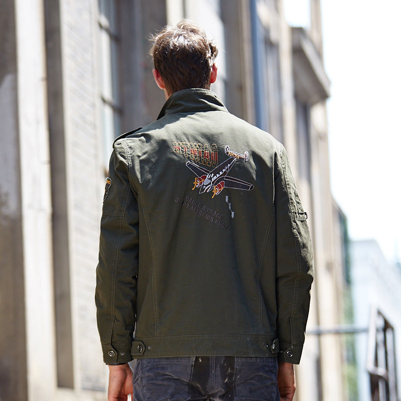 Men's military-inspired canvas field jacket with epaulettes, embroidered patches, and concealed two-way zipper Chichicherry