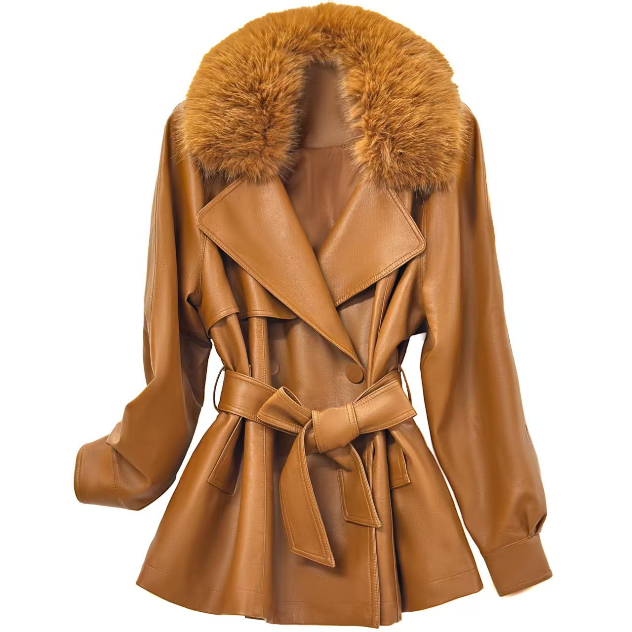 Ladies short coat made of faux leather with removable faux fur collar and waist belt Chichicherry