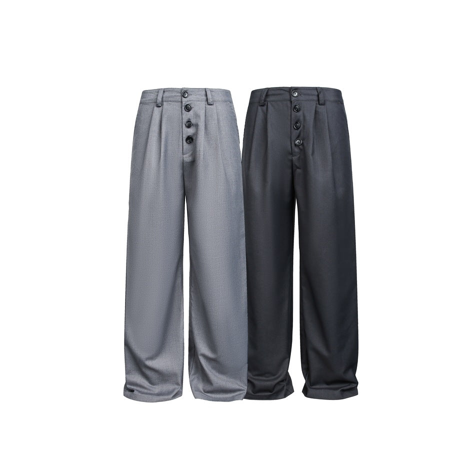 Women's Wide High-Waist Pleated Trousers with Distinctive Button Placket Chichicherry