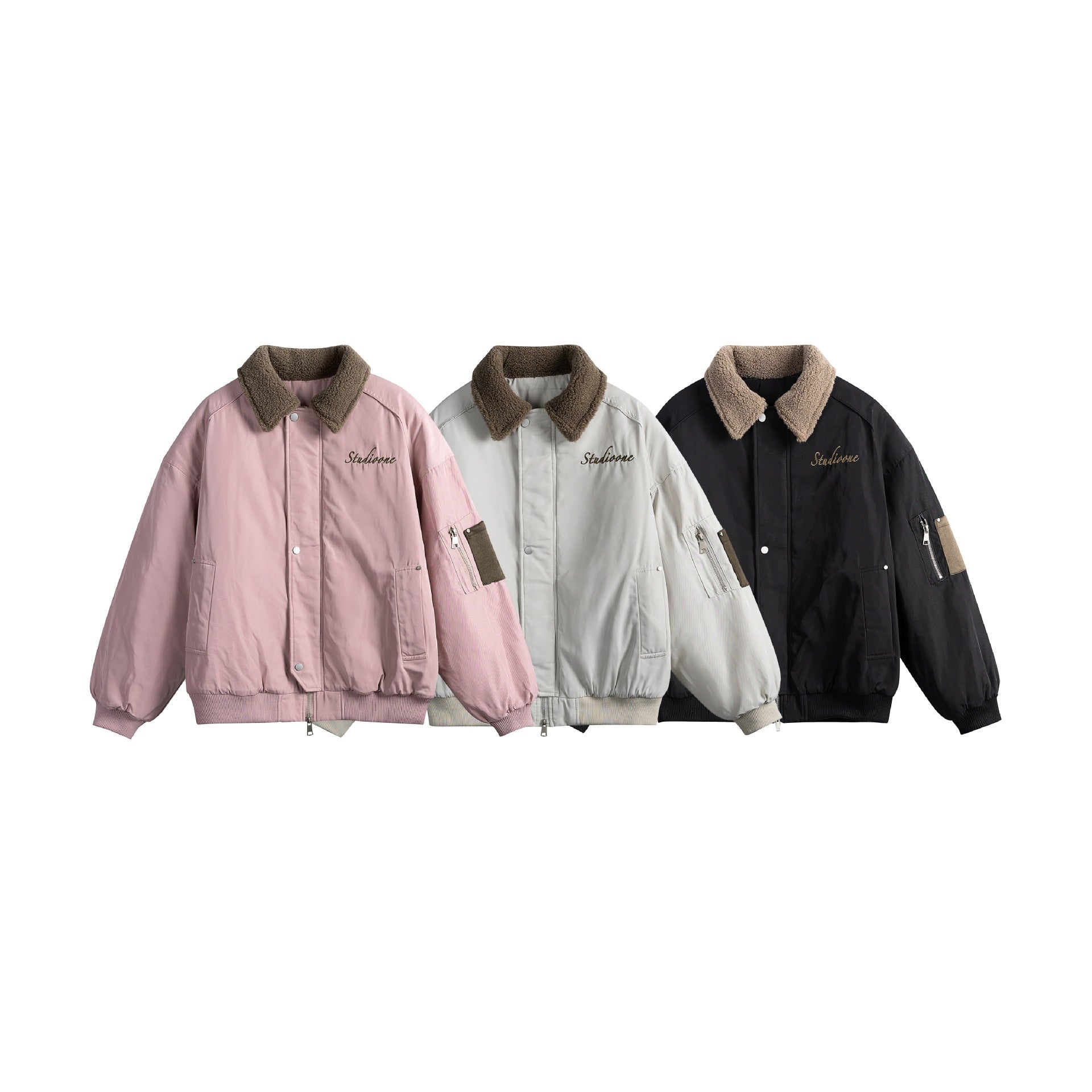 Unisex Padded Bomber Jacket with Teddy Collar and Utility Arm Pocket Chichicherry