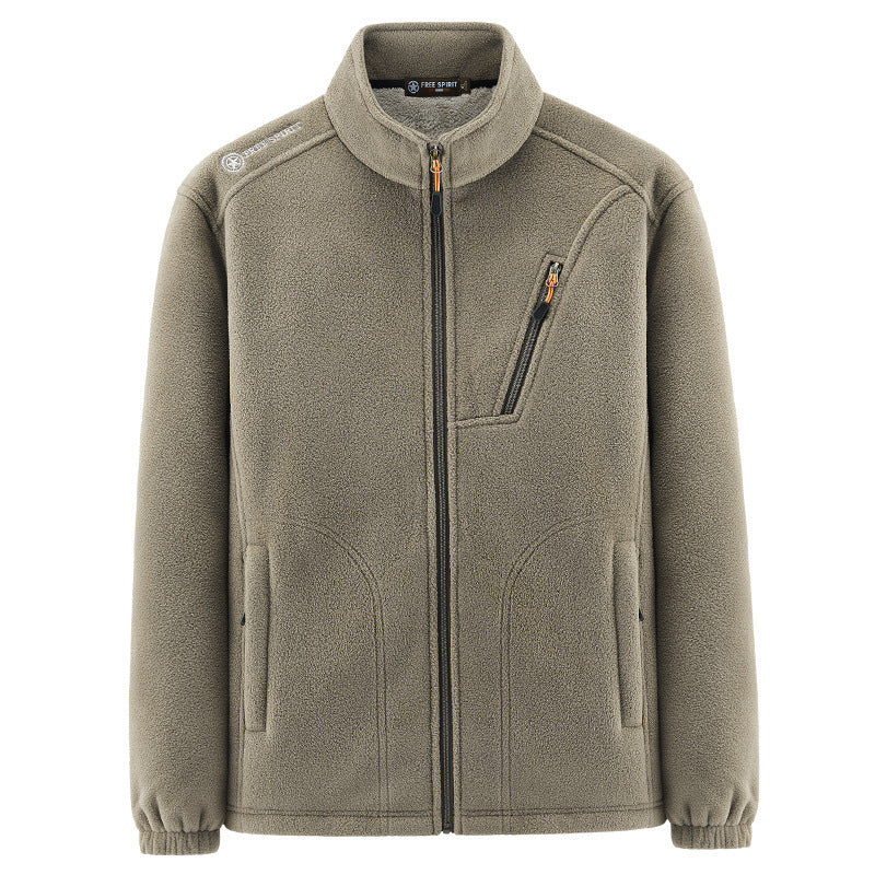 Men's Warm Microfleece Outdoor Jacket with Chest Zipper, Side Pockets and Stand-Up Collar Chichicherry