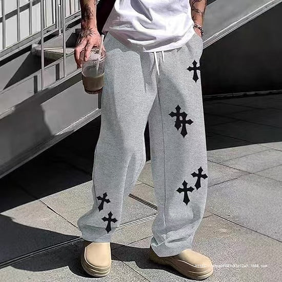 Men's Loose Sweatpants with Gothic Cross Print, Drawstring & Drop Crotch Chichicherry