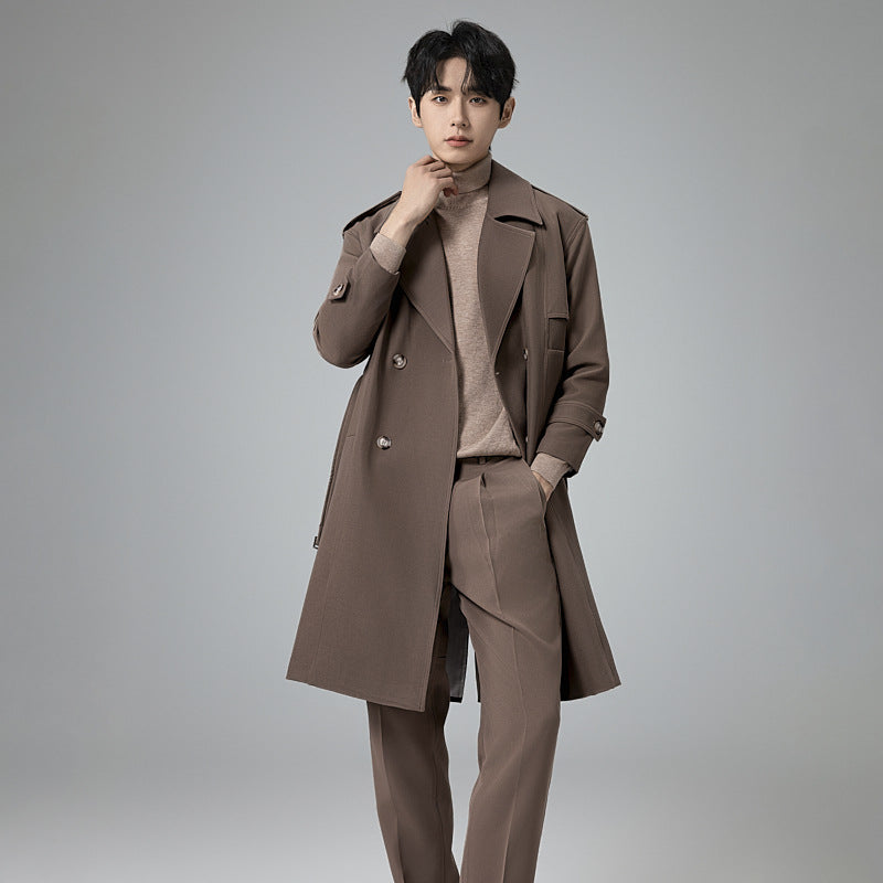 Men's Double-Breasted Trench Coat with Waist Belt and Classic Lapel Chichicherry