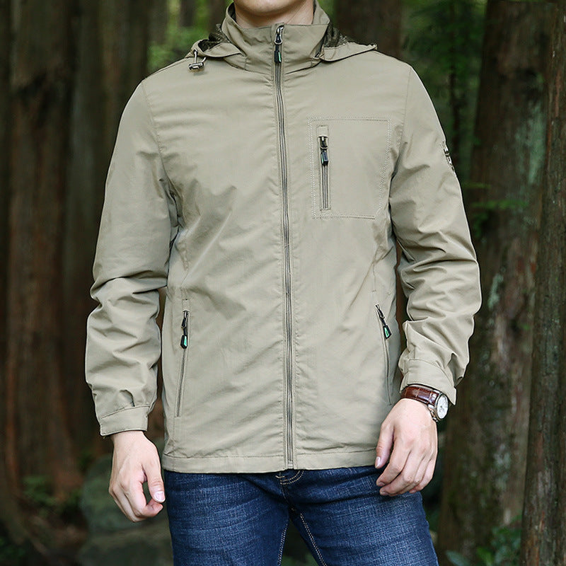 Men's Lightweight Outdoor Field Jacket with Hood, Water-Repellent Shell and Zipper Pockets Chichicherry