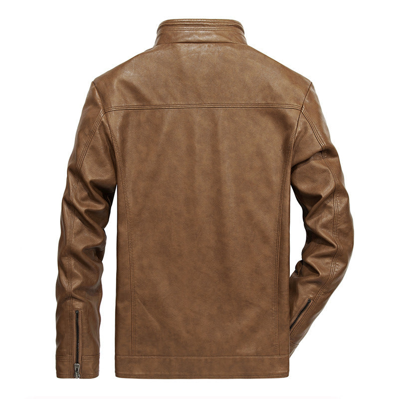 Men's Slim-Fit Faux Leather Moto Jacket with Stand-up Collar, Zipper Pockets and Reinforced Seam Guidance Chichicherry