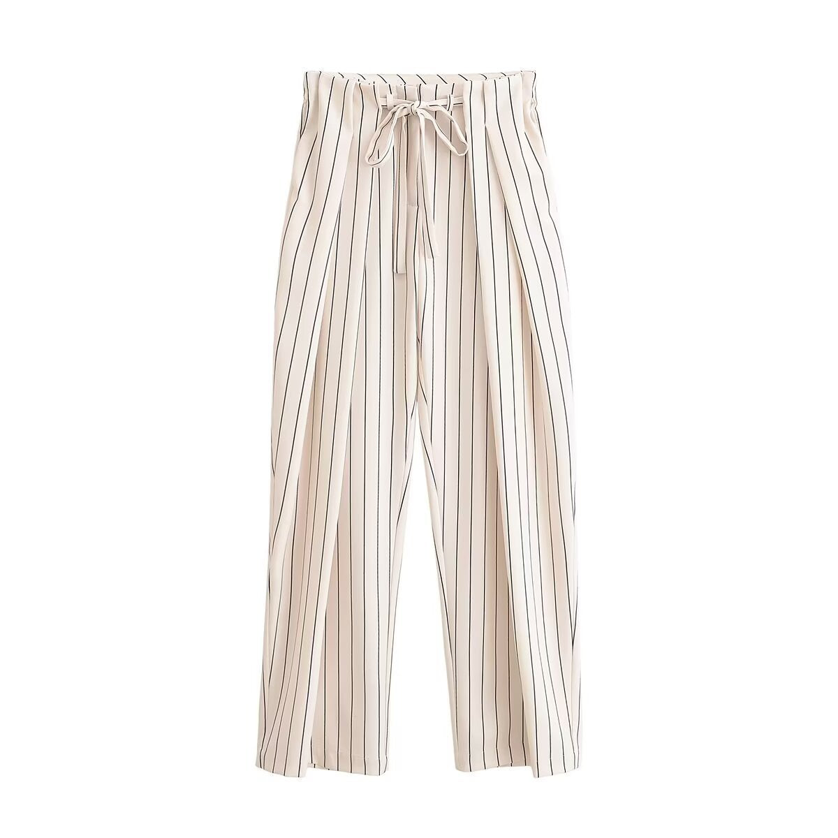 Women's High-waisted Wide Pleated Pants with Drawstring and Vertical Stripes Chichicherry