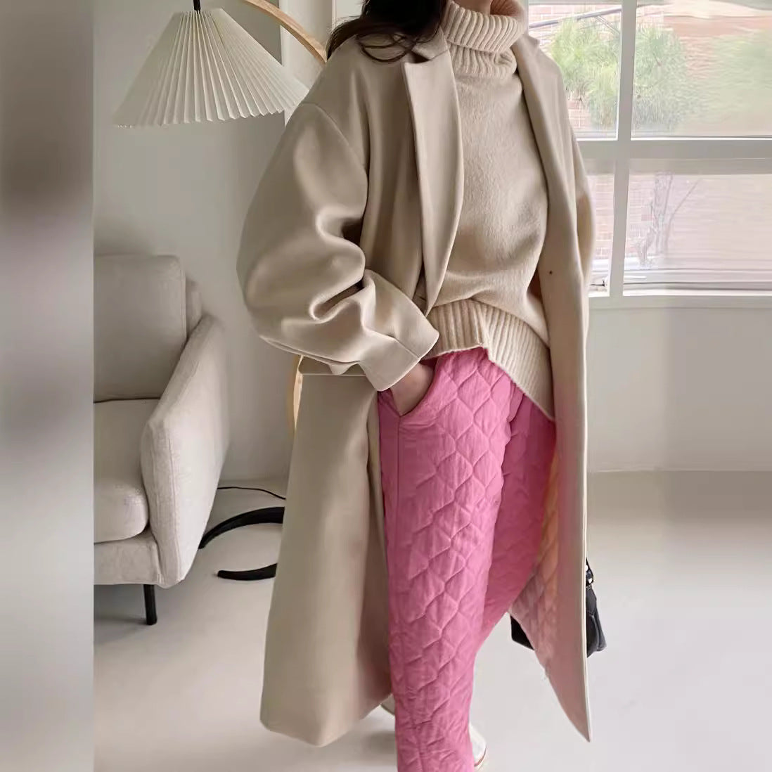Women Longline Wool Blend Coat with boxy oversized fit and clean lapel Chichicherry
