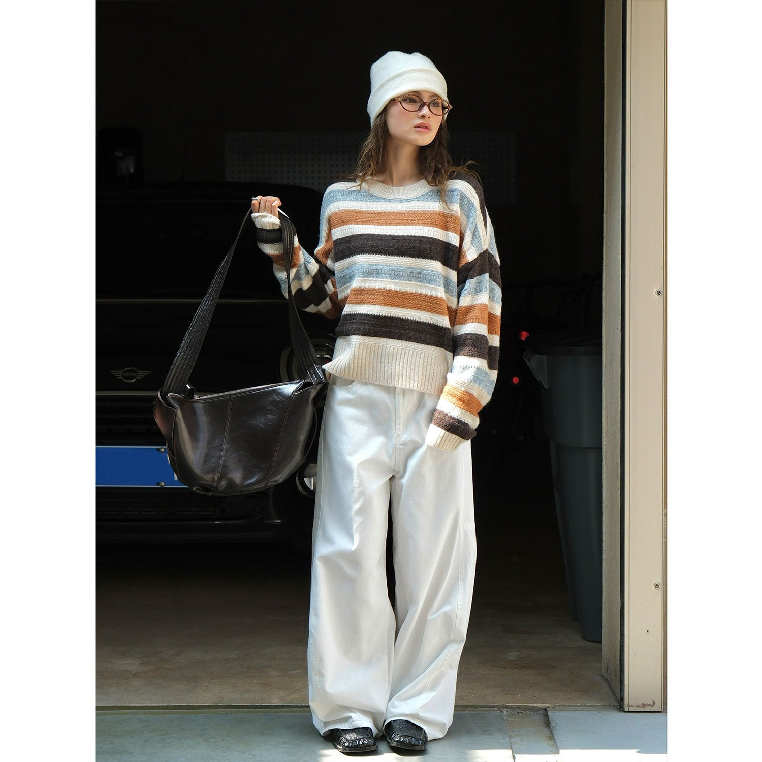 Women's Oversized Chunky Knit Sweater with Block Stripes and Ribbed Hem Chichicherry